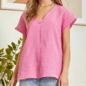 Andree By Unit Short Sleeve Gauze Pink Top size L NWT
